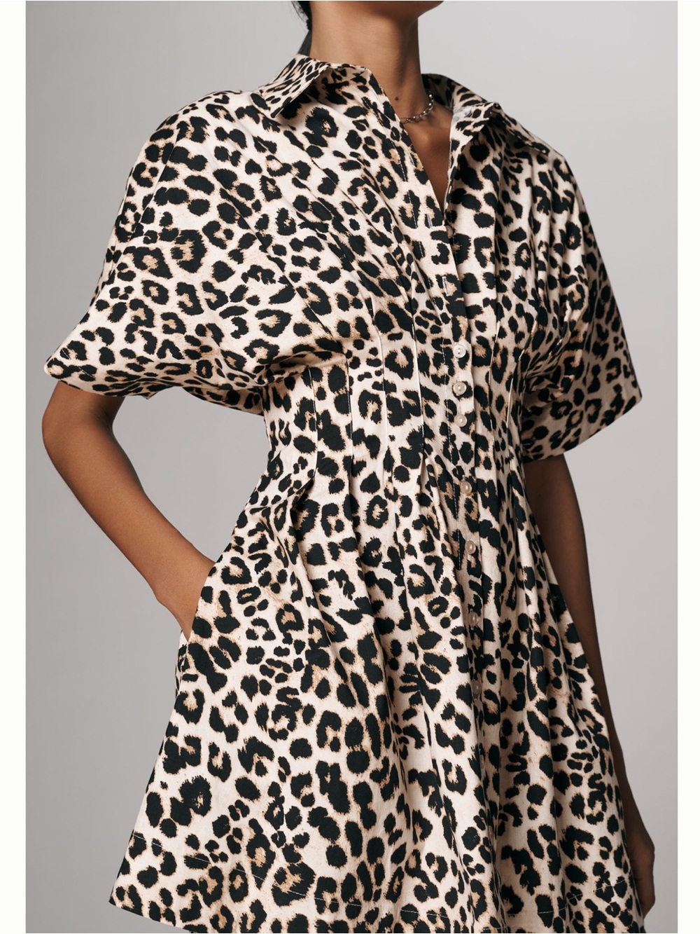 🐆Exquise Tobie Pleated Button-Front Collared Shirt Dress New Medium Leopard